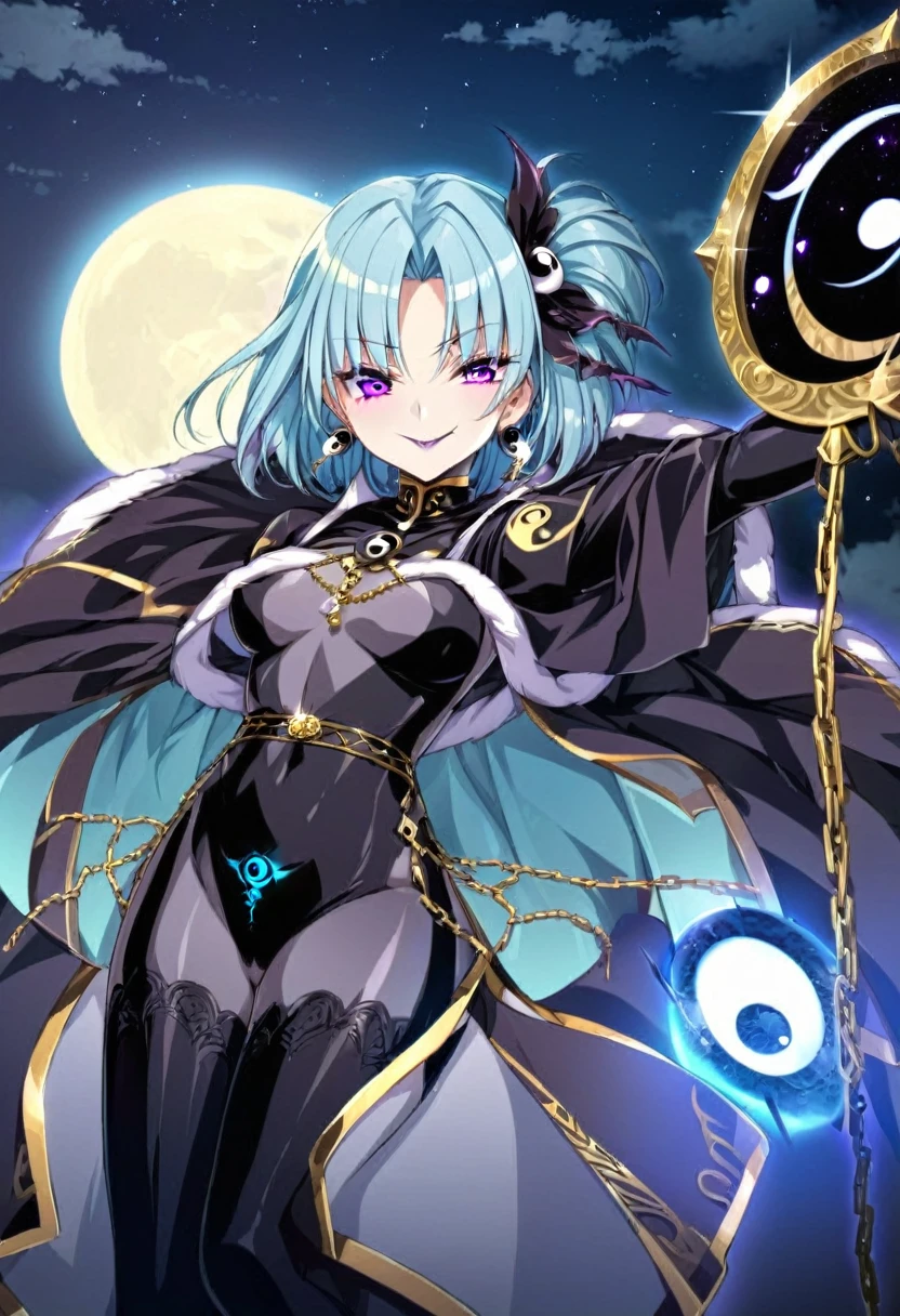 nsfw, penis, cum, satou kuuki, Embracing dark aura, pubic tattoo, glowing tattoo, 1girl, thigh high boots, medium hair, Feeling magical energy, octagonal yin yang mirror, cape, forehead accessory, runes, evil smile, stand-up collar, black body suit, at midnight, Holding a symbol of faith, purple eye, sky blue hair, gold decoration, evil eye decoration, moon, earring, chains, belt, yin yang, skirt, beautiful art, high res, perfect face, detailed outfit