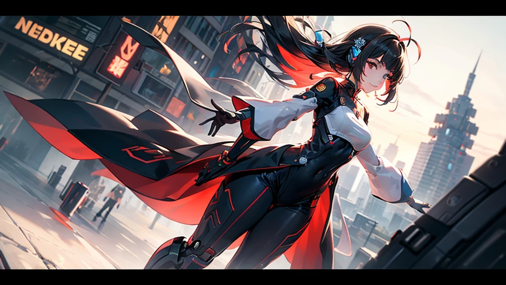 ((masterpiece, best quality)), 8k wallpaper, mechanical girl, Long hair, Red hair, alone, gown, humanoid robots, cyber punk perssonage, red eye, Show viewers, long sleeve, Building, White gown, mitts, hair ornaments, black jacket, smile, floating hair, closed mouth, looks away, outside, Future science Fiction, Antenna ears, dutch angle, constructivism, optical Ilusion, F/2.8, best quality, retina