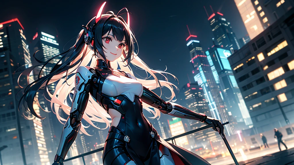((masterpiece, best quality)), 8k wallpaper, mechanical girl, Long hair, Red hair, alone, gown, humanoid robots, cyber punk perssonage, red eye, Show viewers, long sleeve, Building, White gown, mitts, hair ornaments, black jacket, smile, floating hair, closed mouth, looks away, outside, Future science Fiction, Antenna ears, dutch angle, constructivism, optical Ilusion, F/2.8, best quality, retina