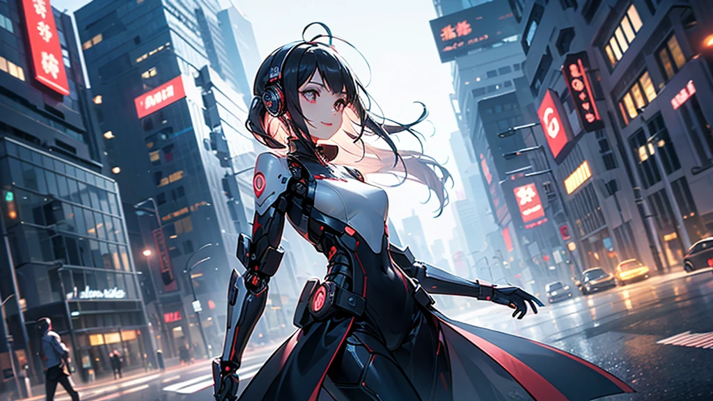 ((masterpiece, best quality)), 8k wallpaper, mechanical girl, Long hair, Red hair, alone, gown, humanoid robots, cyber punk perssonage, red eye, Show viewers, long sleeve, Building, White gown, mitts, hair ornaments, black jacket, smile, floating hair, closed mouth, looks away, outside, Future science Fiction, Antenna ears, dutch angle, constructivism, optical Ilusion, F/2.8, best quality, retina