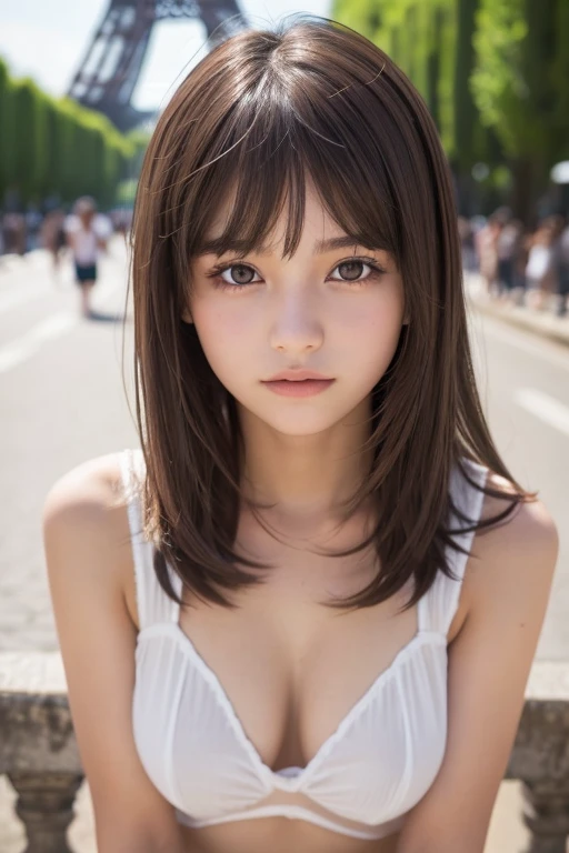 One Girl, (Beautiful girl, Delicate girl:1.3), (:1.3), break, (France, Famous tourist destinations:1.3), break, (Fashionable clothes:1.3), skirt, break, Very beautiful eyes, (Symmetrical eyes:1.3), break, Small breasts, Brown eyes, Parted bangs, Brown Hair, (Upper teeth, The best smile:0.2), break, (Eye and facial details:1.0), break, (masterpiece, Highest quality, Super detailed, Detailed face, 8K)