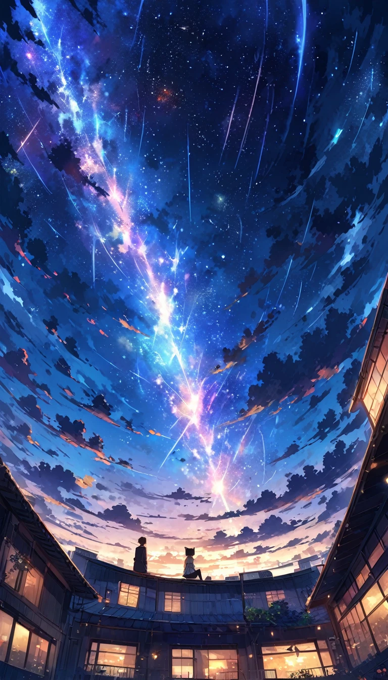 anime painting inspired by Makoto Shinkai, space art, (sideways (black cat) sitting on the roof of a building looking at the sky), mysterious, fantastic, meteor shower, intricate lights, twinkling city lights, (((unmanned))),