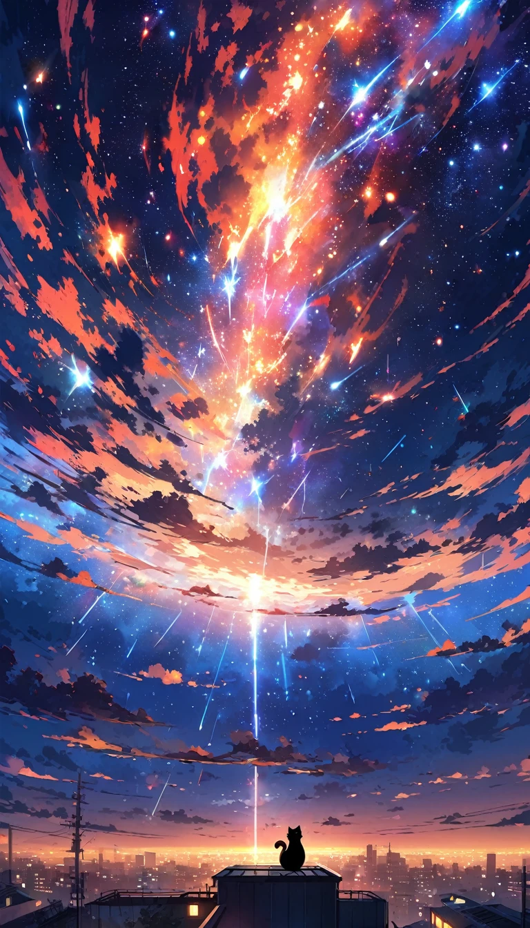 anime painting inspired by Makoto Shinkai, space art, (sideways (black cat) sitting on the roof of a building looking at the sky), mysterious, fantastic, meteor shower, intricate lights, twinkling city lights, (((unmanned))),