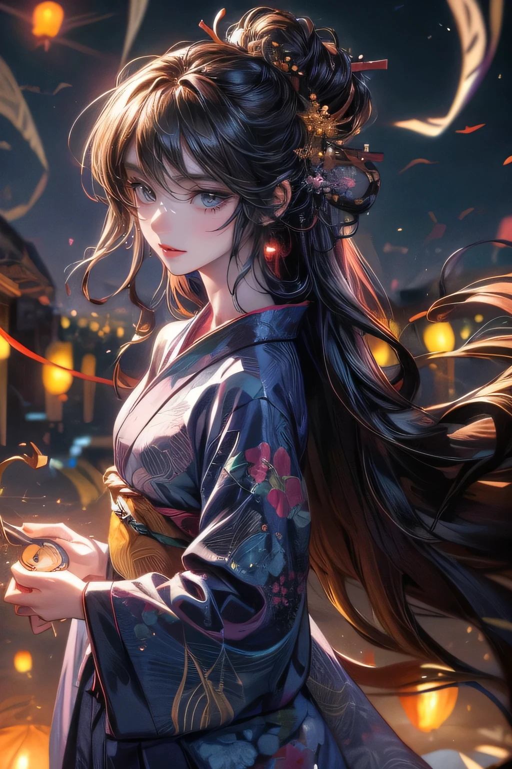masterpiece:1.2, highest quality,16k,highres,ultra-detailed, ultra-realistic, photo-realistic:1.37, beautiful cute girl looking up at the night sky, flowing yukata, updo, sky-lantern festival, Sky-lanterns, a fantastic sight where countless sky-lanterns decorate the night sky, dark moody atmosphere, night sky, dark tones, floating sky-lanterns, soft lighting, serene, atmospheric, whimsical, dreamlike, magical realism, long flowing hair, through bangs, Beautiful attention to detail, Beautiful lip detail, Highly detailed face, detailed facial features, long eyelash, shining eyes, cute girl