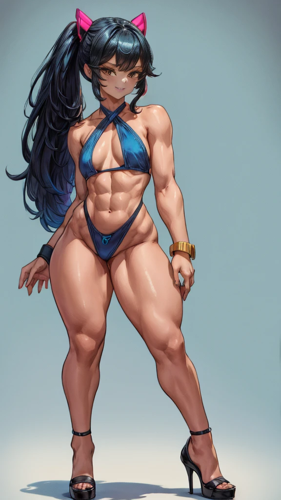 1 girl, {{{aawendy, happy and tender smile, yellowish brown eyes, pelo largo hasta la espalda blue celeste, (cabello de color blue claro, blue claro, blue), two stories, two short ponytails on each side, hair ornament, tight short bikini, (black tight short bikini), bracelet, bracelet, small breasts}}}, beautiful girl, {{{standing or standing full body image}}}, {{{Wear black high heels}}}, poses her beautiful black heels standing {{{is stopped}}}, {{{muscular abs}}}, {{muscular belly}}}, simple background, (simple background), (((Best Quality))), (((8k quality))), (((ultra best definition))), ((better face definition))), (((Perfect face))), (Perfect face:1.1), (sharp focus:1.1), trend on Artstation, intricate, high detail, sharp focus, (((arms, hands, legs, pies, Perfect face))), (((perfect body))), (((correct features))),(((best anatomy))), (((noise removal))), (((perfect and clear face))), (((Masterpiece))).