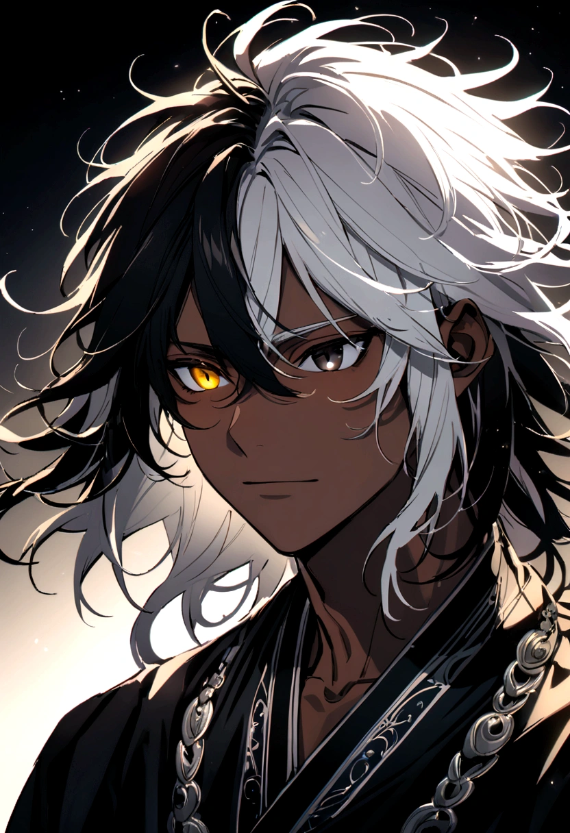 With a black kimono, and silver details , yellow and black eyes heterochromia , Calm expression, Messy hair , Medium length hair , masculine , multicolored black and white hair , two tone hair , dark skin color, 