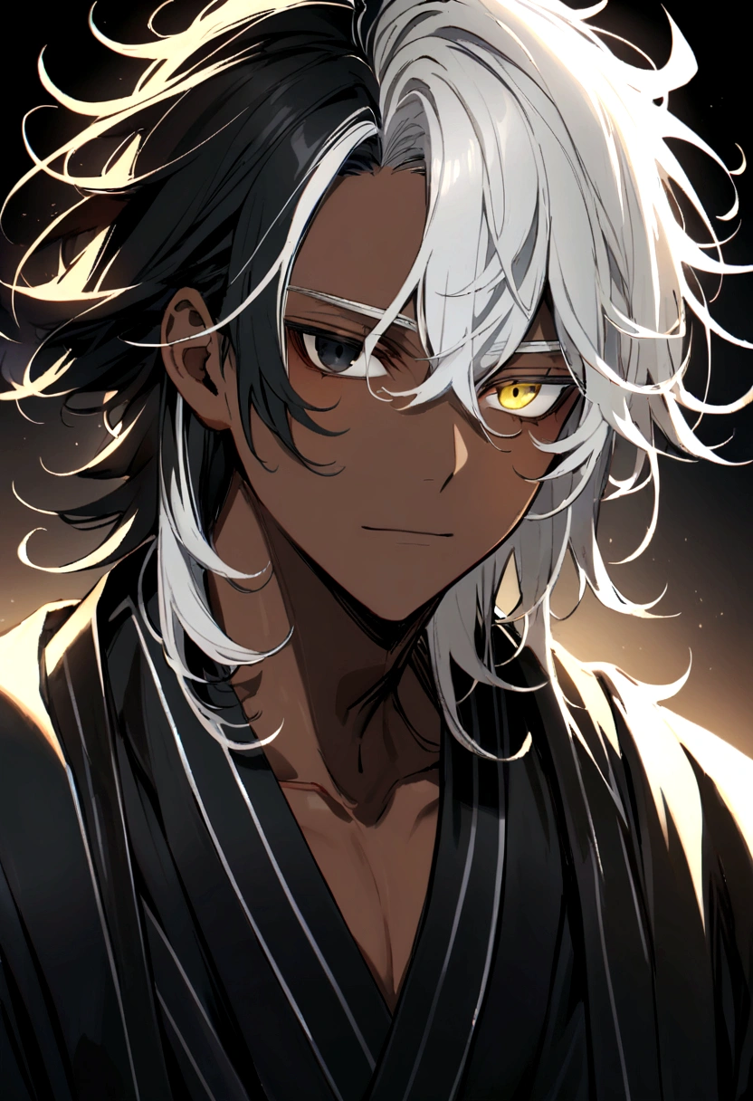 With a black kimono, and silver details , yellow and black eyes heterochromia , Calm expression, Messy hair , Medium length hair , masculine , multicolored black and white hair , two tone hair , dark skin color,