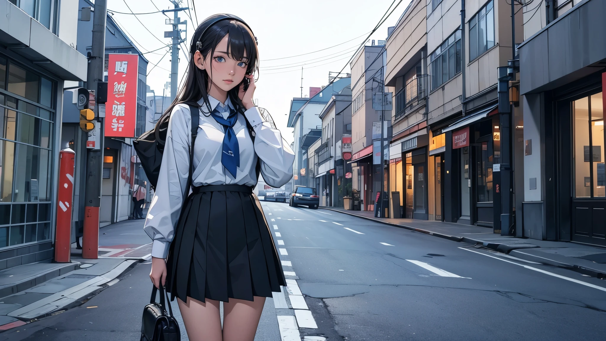 Ultra HD、super high quality、masterpiece、detailed、8K、The location is on a quiet city street、Schoolgirl1Person listening to music on headphones、15-year-old high school girl、そのロシア人で髪の毛は黒色のロング、Has blue eyes、Has a glamorous figure、The clothes she's wearing are one-piece dresses.、Pretty sexy、Lo-Fi images,The background is blurred、Nostalgic and relaxing atmosphere、At dusk、Afternoon sun