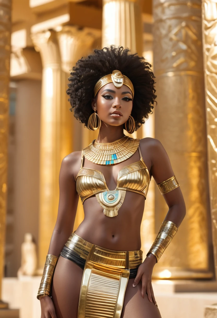 close-up,withiut clothes cute sexual black girl looking at me, flirt, cyberpank gold parts body,against the backdrop gold Egyptian columns, ultra high quality detailing