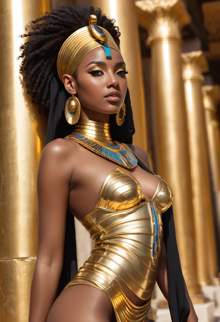 close-up,withiut clothes cute sexual black girl looking at me, flirt, cyberpank gold parts body,against the backdrop gold Egyptian columns, ultra high quality detailing