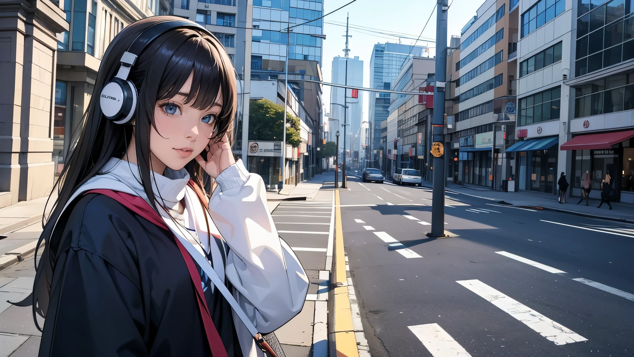 Ultra HD、super high quality、masterpiece、detailed、8K、The location is on a quiet city street、Schoolgirl1Person listening to music on headphones、15-year-old high school girl、そのロシア人で髪の毛は黒色のロング、Has blue eyes、Has a glamorous figure、The clothes she's wearing are one-piece dresses.、Pretty sexy、Lo-Fi images,The background is blurred、Nostalgic and relaxing atmosphere、At dusk、Afternoon sun