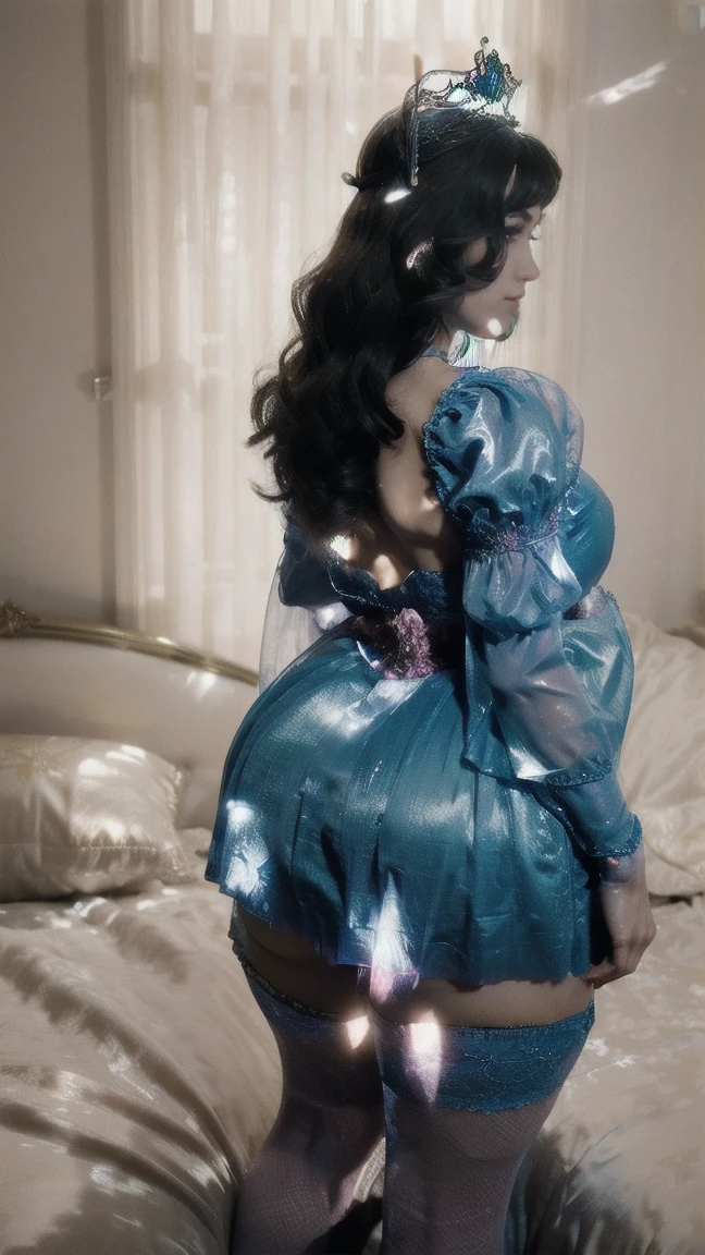 high quality,8K,high resolution, house wife pov from behind,1 personality,tall,realistic texture,Much Muchi,cute smile,one hand on back hip,(Plump body 8),(beautiful princess Cinderella, transparent pink long frock)(cotton or silk transparent designe),(Cinderella transparent frock)(Muchimuchi body 8),(luxury bedroom window or bed scenery),colorful, beautiful Ruby detailed crown headwear
