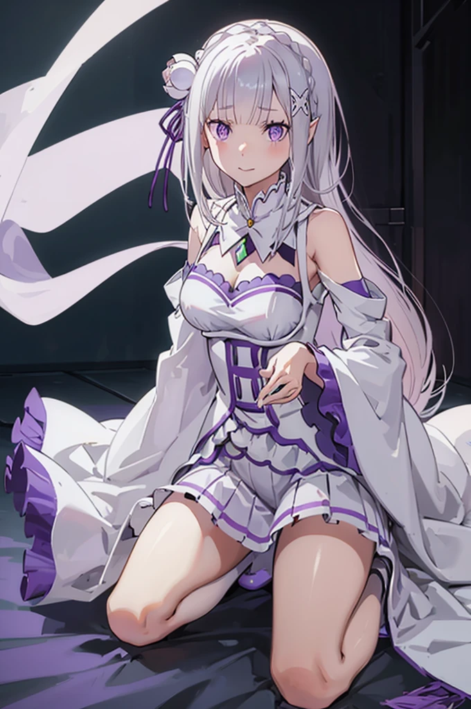 emilia, 
Rezero emilia, 
1girl, 
best illustration, masterpiece, best quality, high resolution, (official art:0.9), 
perfect anatomy, nice hands, perfect hands, BREAK long hair, low-tied long hair, braid, crown braid,
white hair, 
(purple eyes:1.2), (beautiful detailed eyes:1.6),
looking at viewer, 
pointy ears,
BREAK smile, 
dress, pink dress, BREAK bare shoulders, detached collar, long sleeves, shoulder cutout, wide sleeves, white sleeves, 
medium breasts, 
zettai ryouiki, 
flower, hair flower, hair ornament, hair ribbon,   white flower, x hair ornament,
cowboy shot ,
Kneeling pose,
shoot from above, 
perfect lighting,
background of indoor, on the house bed,