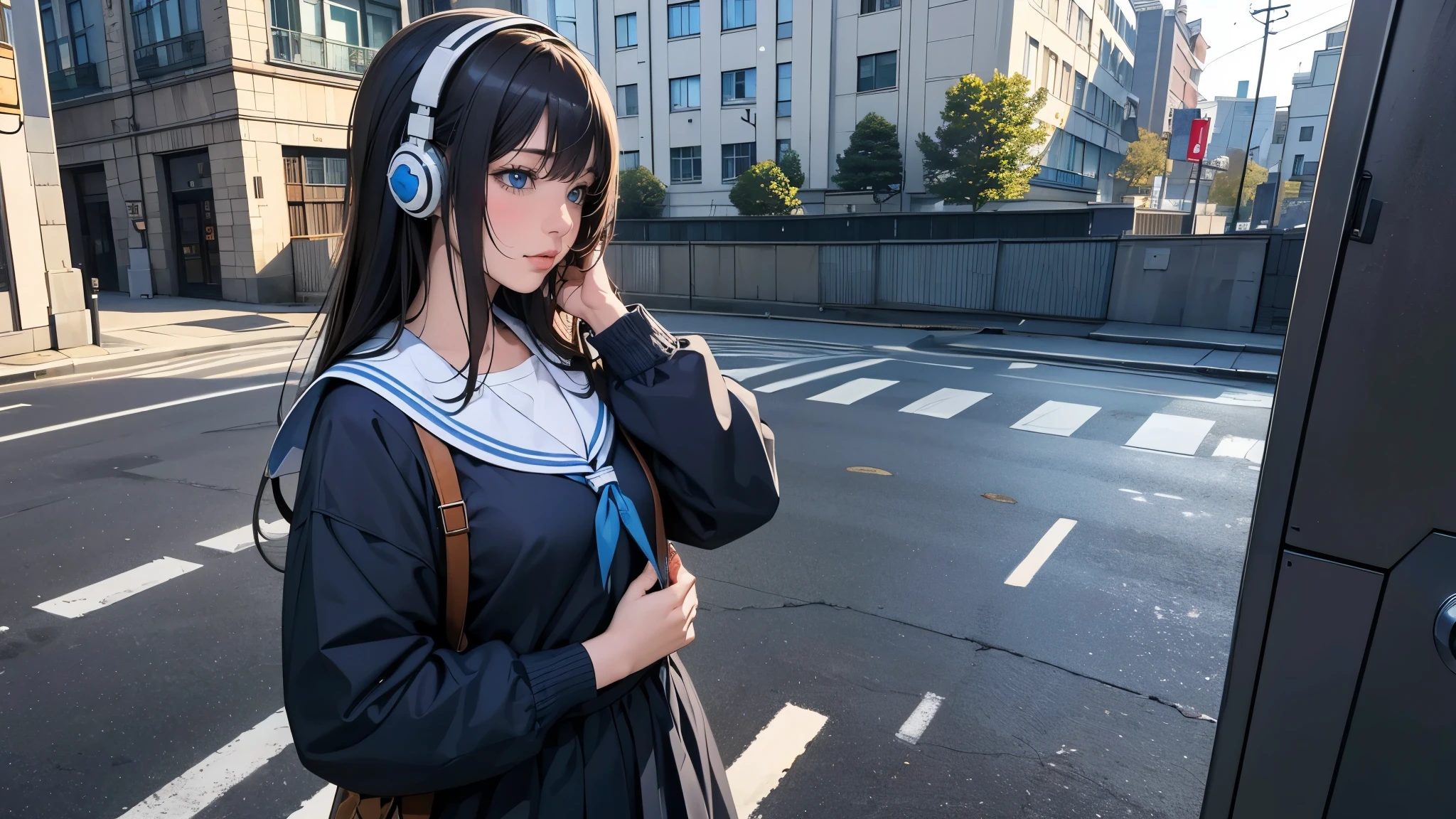 Ultra HD、super high quality、masterpiece、detailed、8K、The location is on a quiet city street、Schoolgirl１Person listening to music on headphones、15-year-old high school girl、そのロシア人で髪の毛は黒色のロング、Has blue eyes、Has a glamorous figure、The clothes she&#39;s wearing are one-piece dresses.、Pretty sexy、Lo-Fi images,The background is blurred、Nostalgic and relaxing atmosphere、At dusk、Afternoon sun