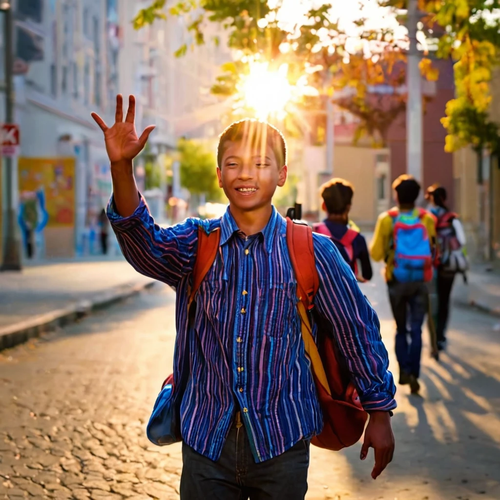 a man with sunlight on his way to school in the city,  waving with right hand .thank you sharp, 4K, work of art