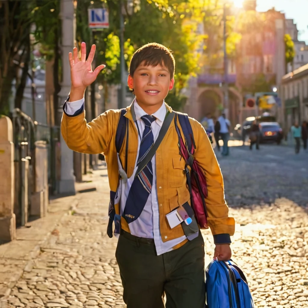 a man with sunlight on his way to school in the city,  waving with right hand .thank you sharp, 4K, work of art