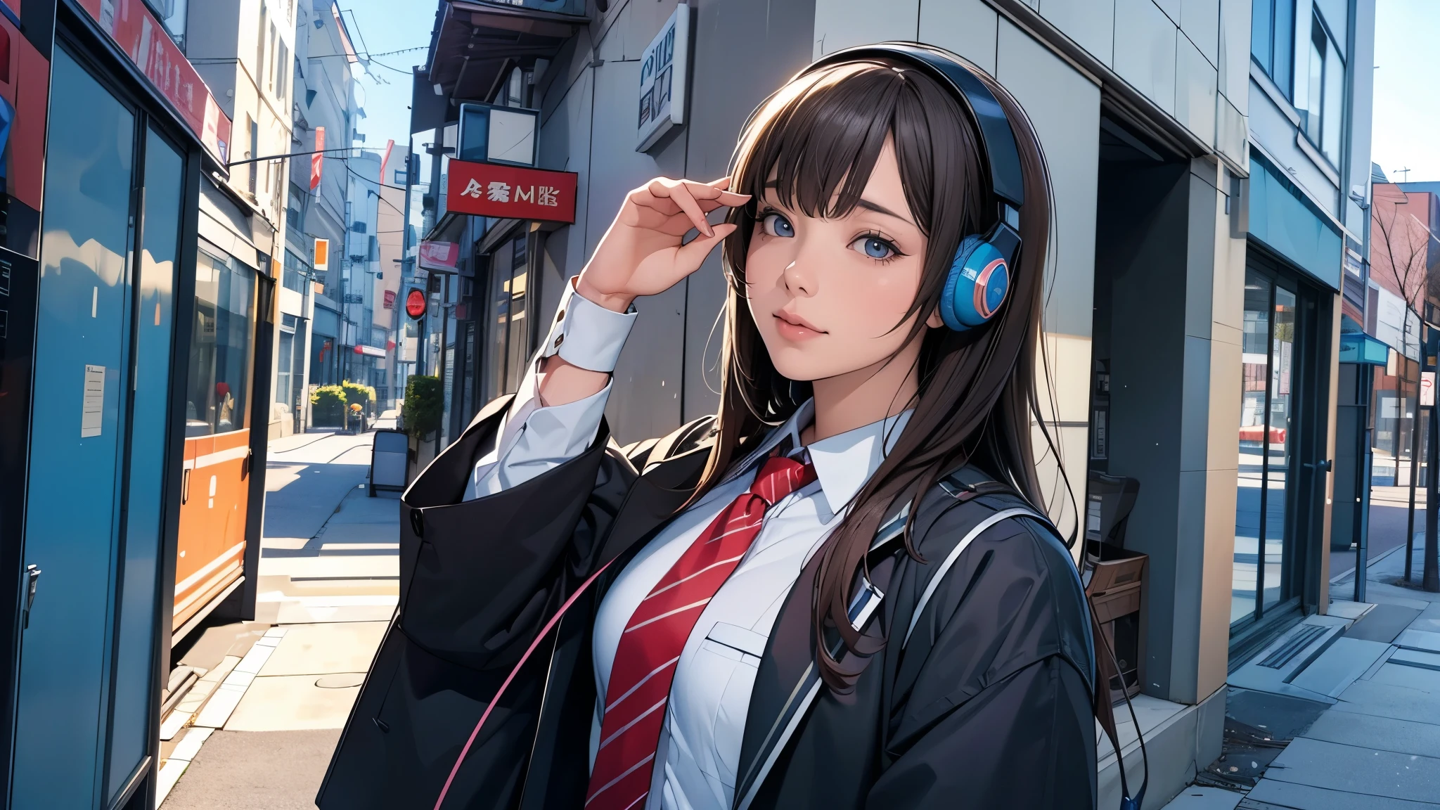 Ultra HD、super high quality、masterpiece、detailed、8K、The location is on a quiet city street、Schoolgirl１Person listening to music on headphones、15-year-old high school girl、そのロシア人で髪の毛は黒色のロング、Has blue eyes、Has a glamorous figure、The clothes she&#39;s wearing are one-piece dresses.、Pretty sexy、Lo-Fi images,The background is blurred、Nostalgic and relaxing atmosphere、At dusk、Afternoon sun