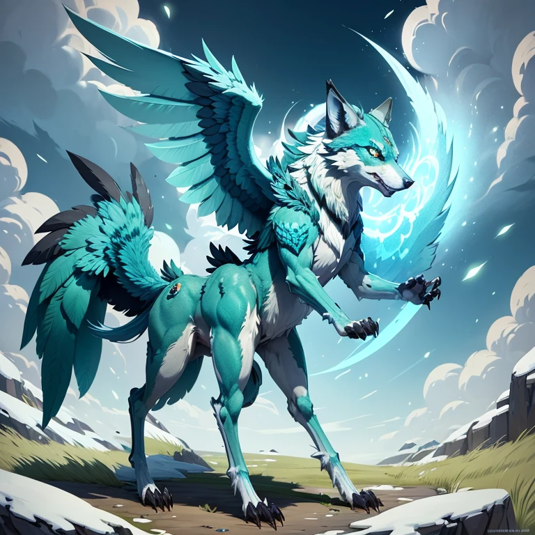 (1 wolf) full body, a blue eyes light green wolf, a winged four pointy feathered ears wind wolf with feathers and wind, light green feathers, feathered wings, wind energy around, sky background