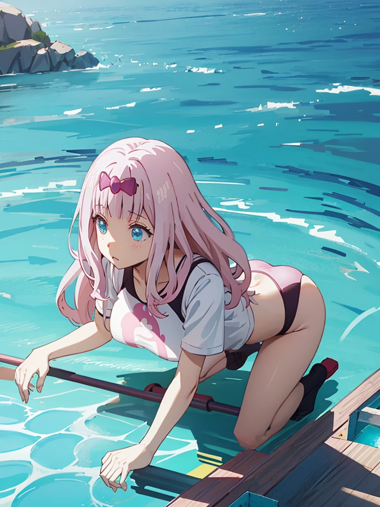 Full Body Shot、Semi-long hair、Pink Hair、Pale blue eyes、、Swimsuit、pool、Medium breast、、whole body、stick out your butt