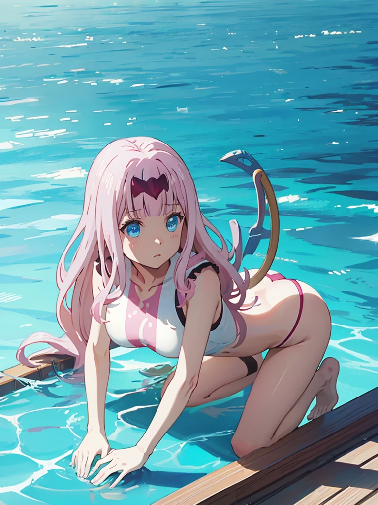 Full Body Shot、Semi-long hair、Pink Hair、Pale blue eyes、、Swimsuit、pool、Medium breast、、whole body、stick out your butt