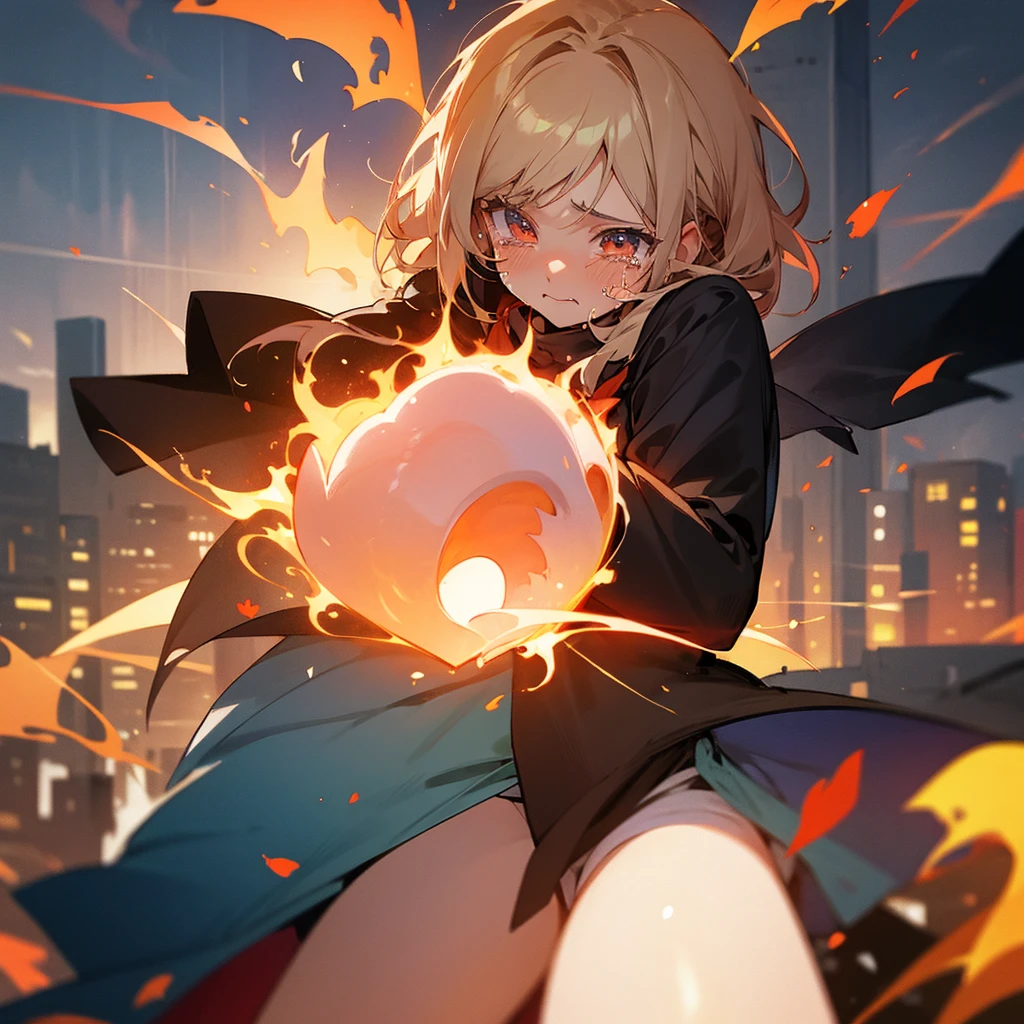 anime girl crying, holding heart on flames, flames behind, city destroyed on background