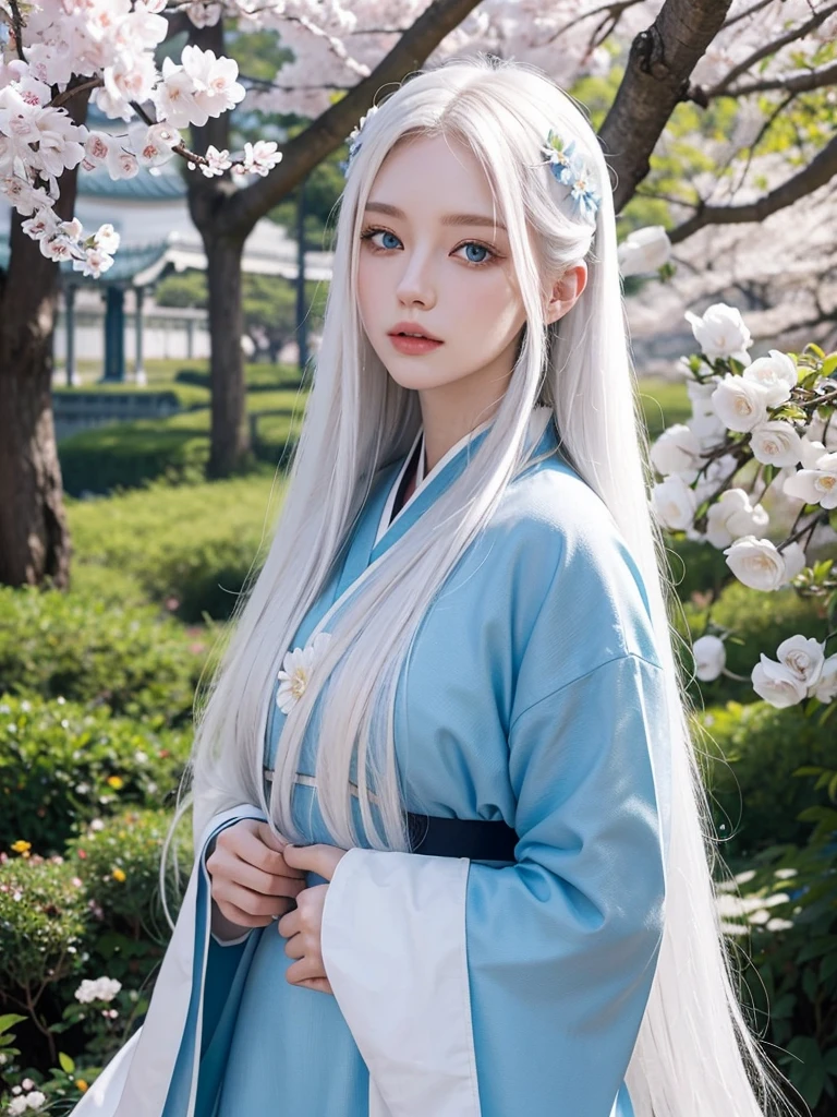 Long white hair, blue eyes, serious features, white skin, loose style, in a garden, with flowers , in the forest ,in the Sakura Korea ,Korean Palace 