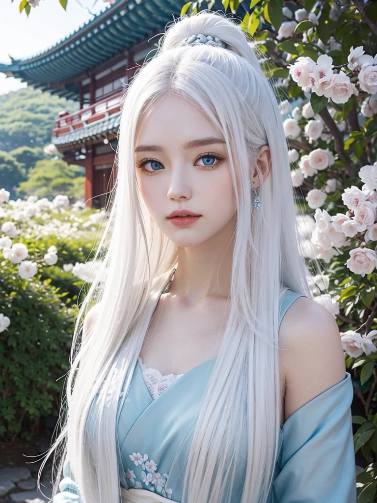 Long white hair, blue eyes, serious features, white skin, loose style, in a garden, with flowers , in the forest ,in the Sakura Korea ,Korean Palace