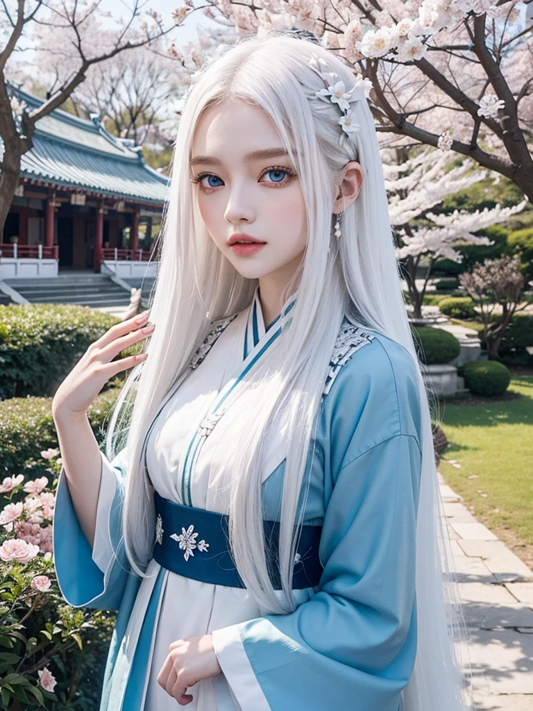 Long white hair, blue eyes, serious features, white skin, loose style, in a garden, with flowers , in the forest ,in the Sakura Korea ,Korean Palace