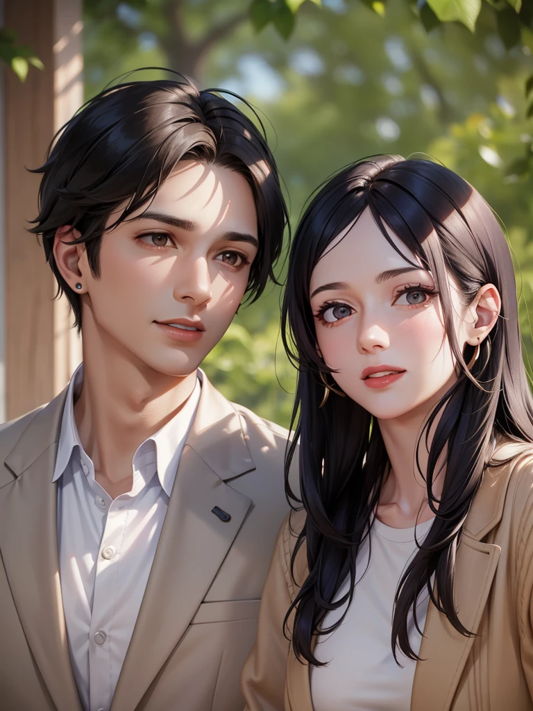 2 people, woman and man, Attractive profile picture, masterpiece, the man with blue collar shirt, perfect smile,earring in ear, woman with short hair to the collarbone, Brown eyes, Red lips, 4k