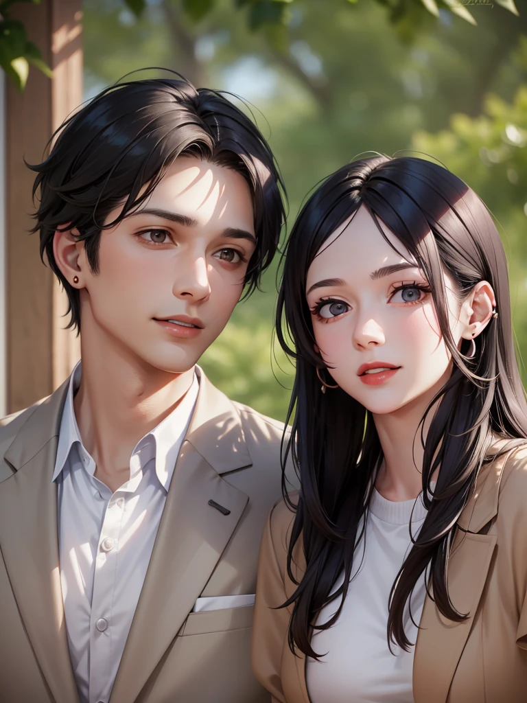 2 people, woman and man, Attractive profile picture, masterpiece, the man with blue collar shirt, perfect smile,earring in ear, woman with short hair to the collarbone, Brown eyes, Red lips, 4k