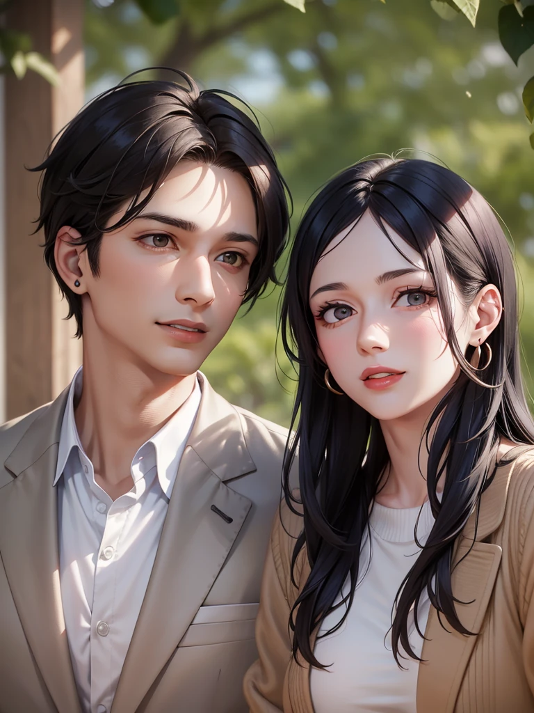 2 people, woman and man, Attractive profile picture, masterpiece, the man with blue collar shirt, perfect smile,earring in ear, woman with short hair to the collarbone, Brown eyes, Red lips, 4k