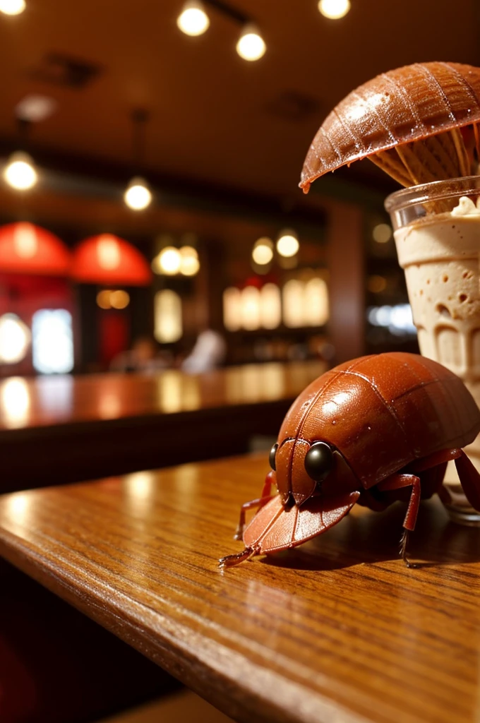 Red louse on a glass of ice cream in a restaurant