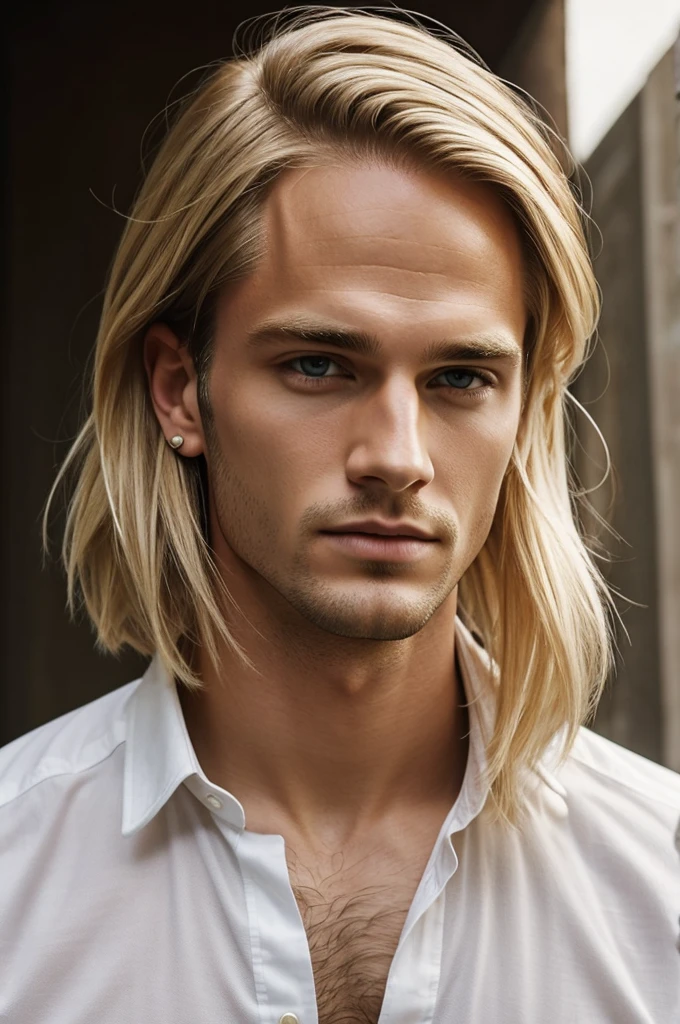 Man with blond hair that is, approximately reach to the earlobe, Middle parting and lots of layers in the haircut