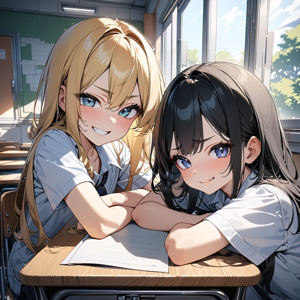 (award winning, 8k, super detailed, high resolution, best quality) , photography, (two girls), girl on the left with blonde hair and smirk expression, girl on the right with black hair and (timid expression), (sitting side by side at desk), ((beautiful girls)), classroom, light from the window.