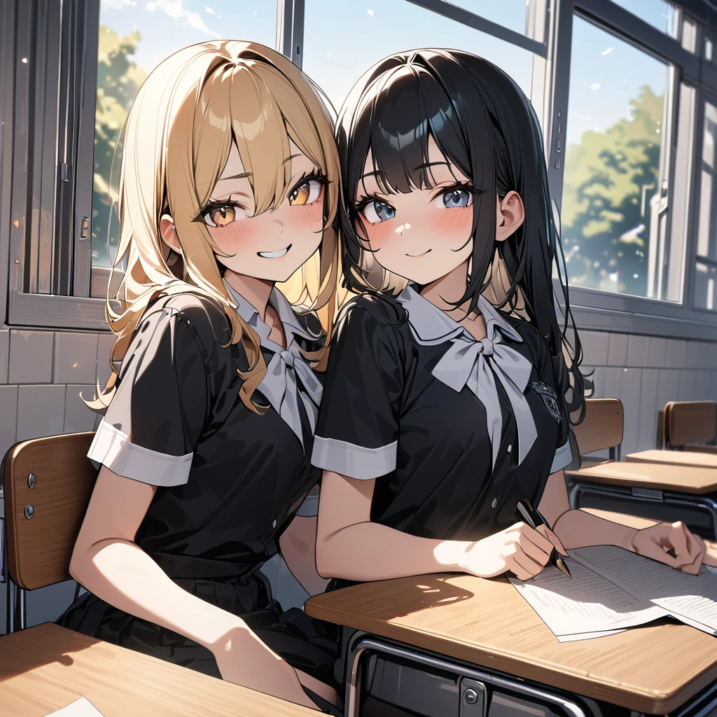 (award winning, 8k, super detailed, high resolution, best quality) , photography, (two girls), girl on the left with blonde hair and smirk expression, girl on the right with black hair and (timid expression), (sitting side by side at desk), ((beautiful girls)), classroom, light from the window.