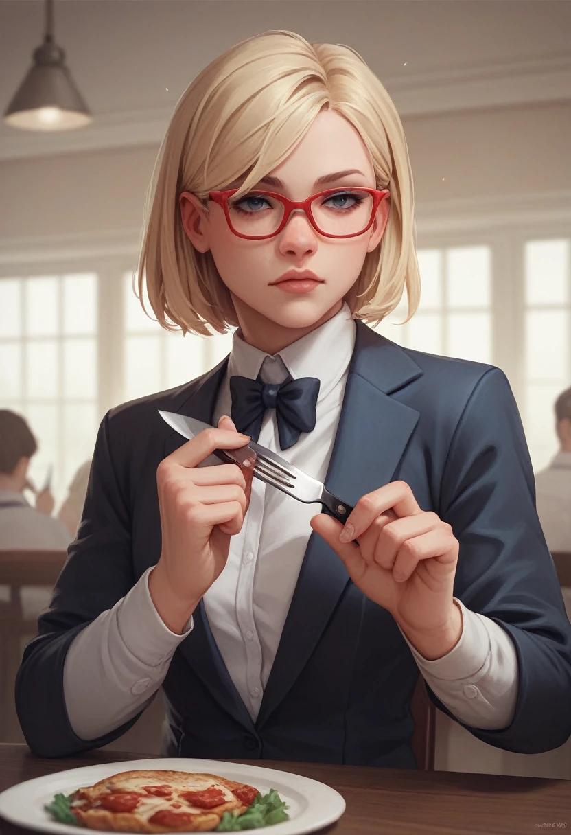 woman in suit, bust only, Red glasses, hair blonde, with dinner knife and fork in hand, 3 d image, no background image.