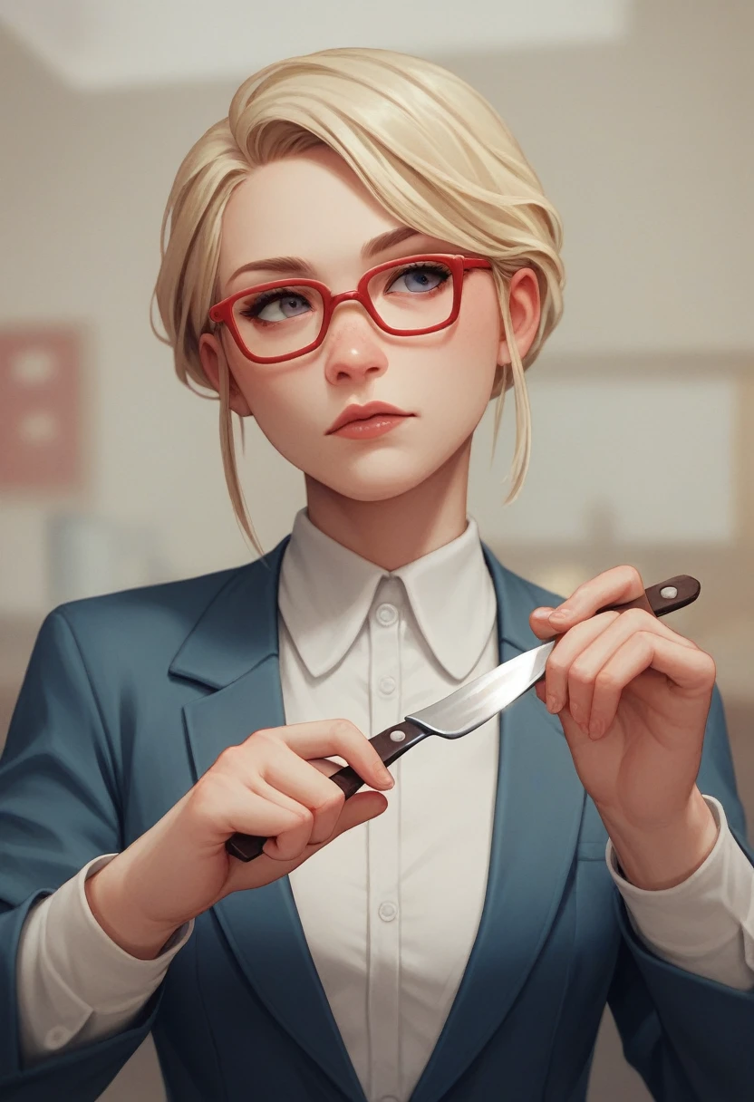 woman in suit, bust only, Red glasses, hair blonde, with dinner knife and fork in hand, 3 d image, no background image.