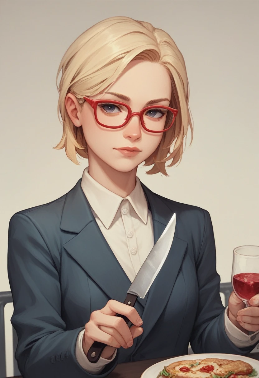 woman in suit, bust only, Red glasses, hair blonde, with dinner knife and fork in hand, 3 d image, no background image.