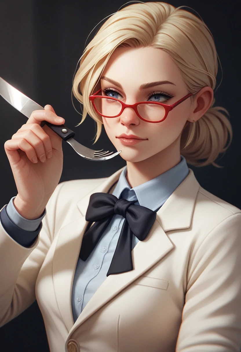woman in suit, bust only, Red glasses, hair blonde, with dinner knife and fork in hand, 3 d image, no background image.