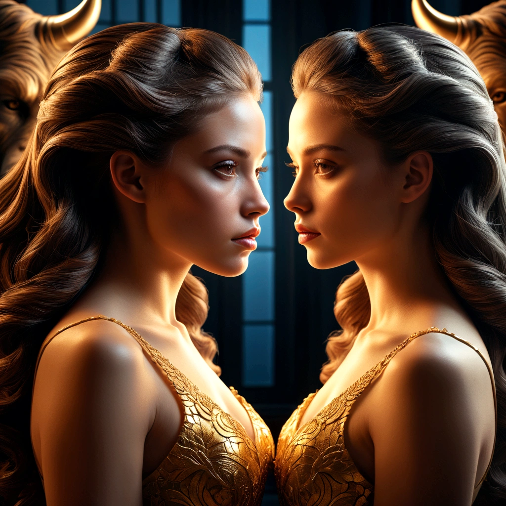 photoillustration of double exposure of merged, a beauty-lady, the beast, (solid effect of the beast image facing on her), seamless mix, texture and pattern, solid effect mirroring, iconic stance, dramatic shadows, dramatic lights, interlacing elements, mirror image facing on her, side view, fantasy art, two tones, opposite-opponent digital manipulated photo art, hyper-realistic, ultra-detailed, crisp clarity, high-contrast, luminous ambiance, rich textures, intricate patterns, vivid colors, cinematic lighting, photorealistic, accurate anatomical proportions.