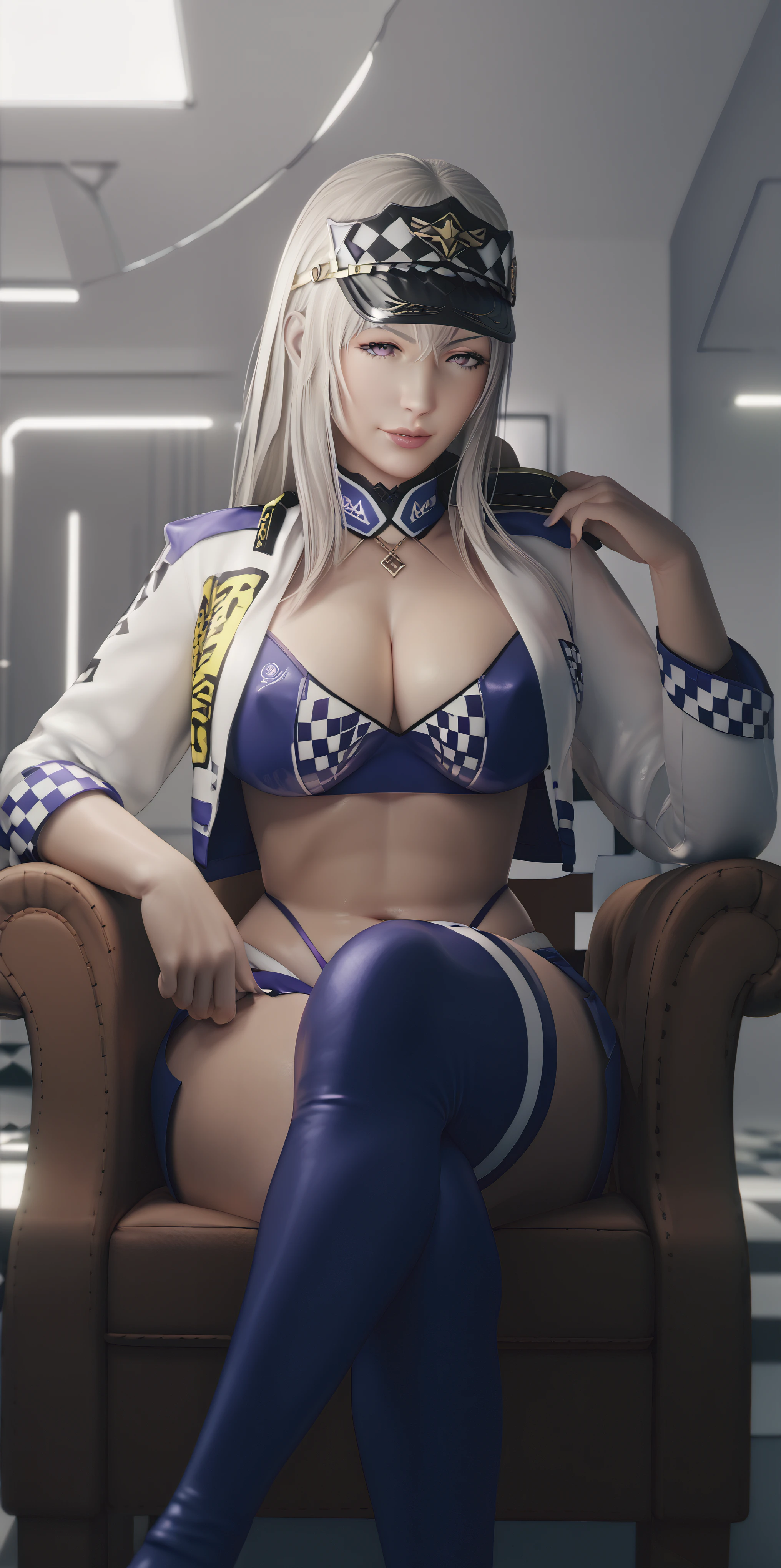 score_9, score_8_up, score_7_up, uncensored, source_anime, echidna, 1girl, silver hair, long hair, hair ornament, purple eyes, big ass, big breasts, voluptuous, horny, sexy, huge lips, seductive smile, (cinematic), race queen, cropped jacket, huge breast, highleg bikini, micro shorts, thigh boots, peaked cap, sitting, crossed legs, armchair, fog, steaming body