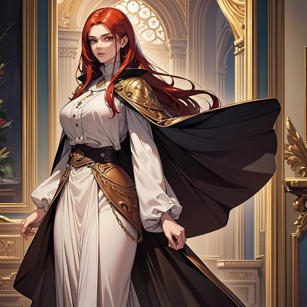 ((best quality)), ((masterpiece)), (detailed),High quality, Ultra detailed, best quality, insanely detailed, beautiful, masterpiece,tall,redhead,tall woman,serge,cape,massive proportion