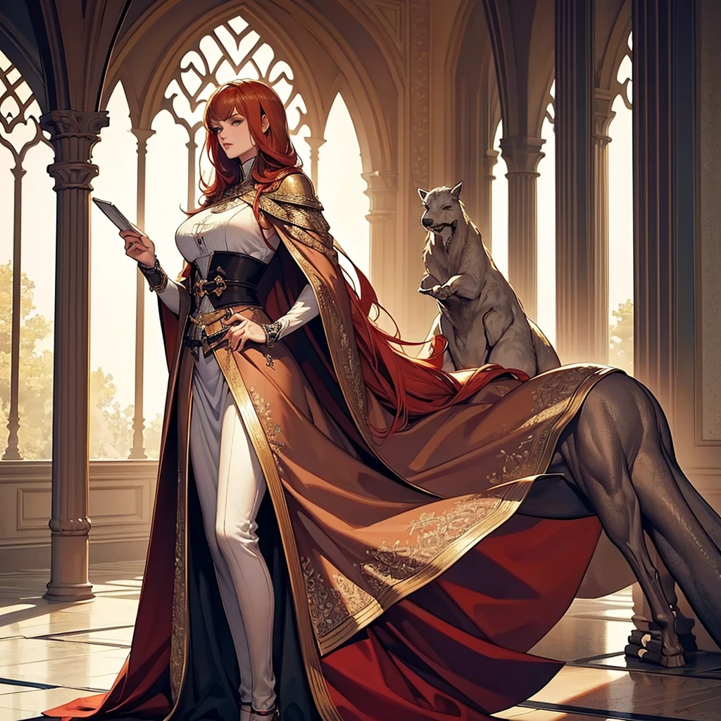((best quality)), ((masterpiece)), (detailed),High quality, Ultra detailed, best quality, insanely detailed, beautiful, masterpiece,tall,redhead,tall woman,serge,cape,massive proportion