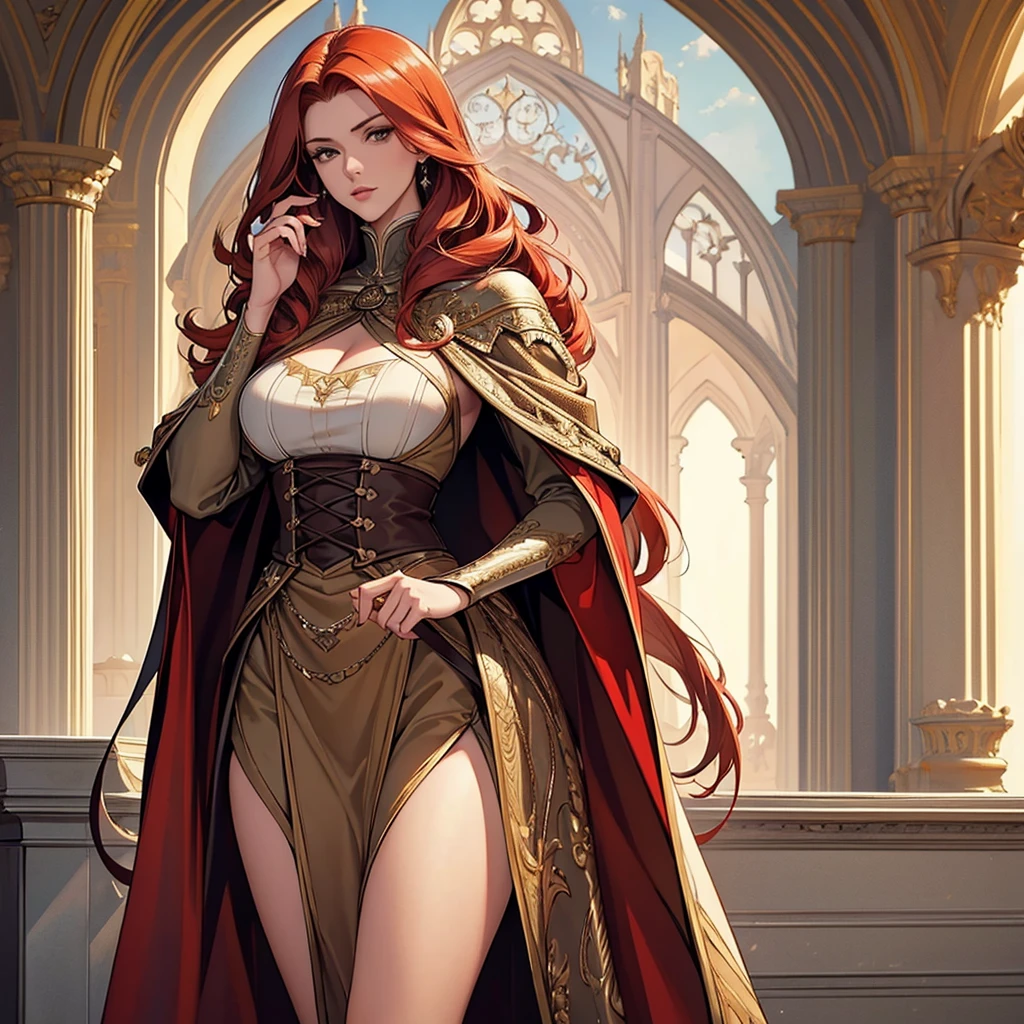 ((best quality)), ((masterpiece)), (detailed),High quality, Ultra detailed, best quality, insanely detailed, beautiful, masterpiece,tall,redhead,tall woman,serge,cape,massive proportion