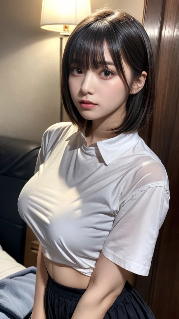 masterpiece, best quality, illustration, Super detailed, fine details, High resolution, 8K,wall paper, perfect dynamic composition,(Details High quality, realistic depiction of eyes:1.3), short bob hair, (Oversized_Shirt:1.2)、Oversized_Shirt, ((facing viewer)), hotel room, Layered Cut, black hair color, Big Natural Color Lip, sexy pose, crying a little、Harajuku style、20 year old girl、cute type、ta, hposing Gravure Idol, full body photo, huge breasts