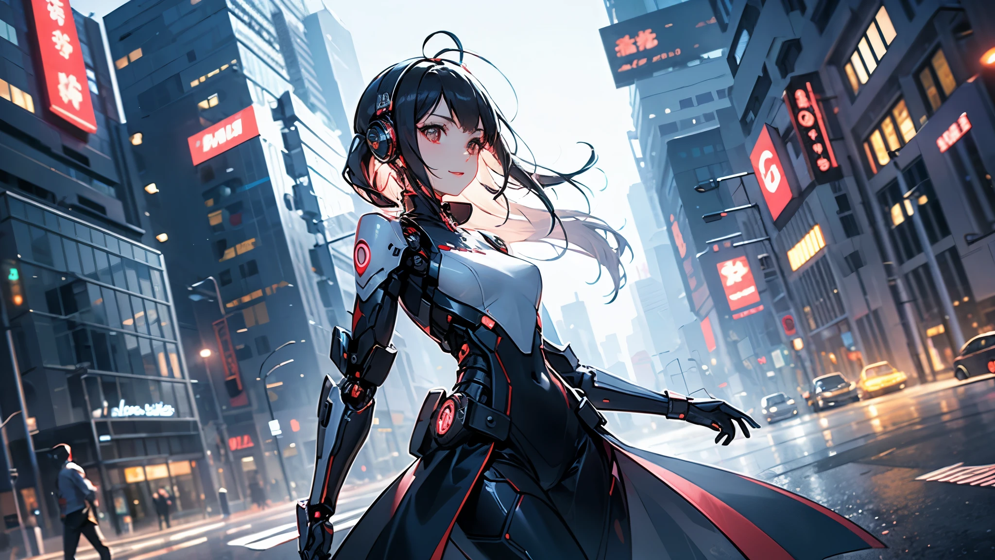 ((masterpiece, best quality)), 8k wallpaper, mechanical girl, Long hair, Red hair, alone, gown, humanoid robots, cyber punk perssonage, red eye, Show viewers, long sleeve, Building, White gown, mitts, hair ornaments, black jacket, smile, floating hair, closed mouth, looks away, outside, Future science Fiction, Antenna ears, dutch angle, constructivism, optical Ilusion, F/2.8, best quality, retina