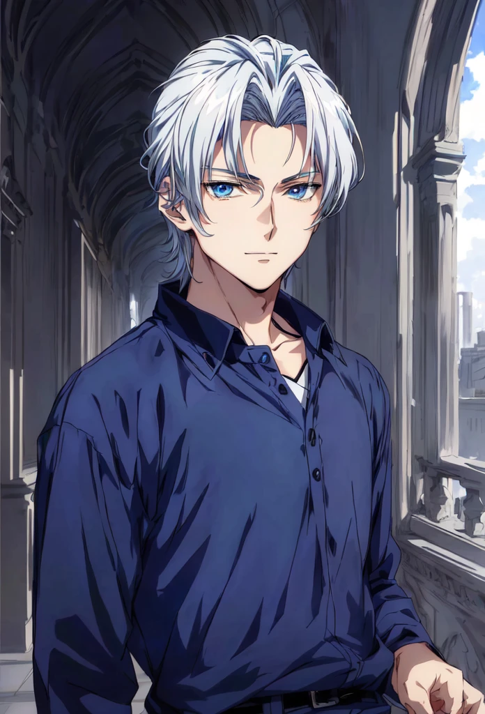 Close-up of a person standing, Anime handsome man, Tall anime man with blue eyes, Male anime character, Anime picture of a handsome man, Young anime guy, Beautiful anime pose ,Silver Hair Craze, Male anime style,  Official art