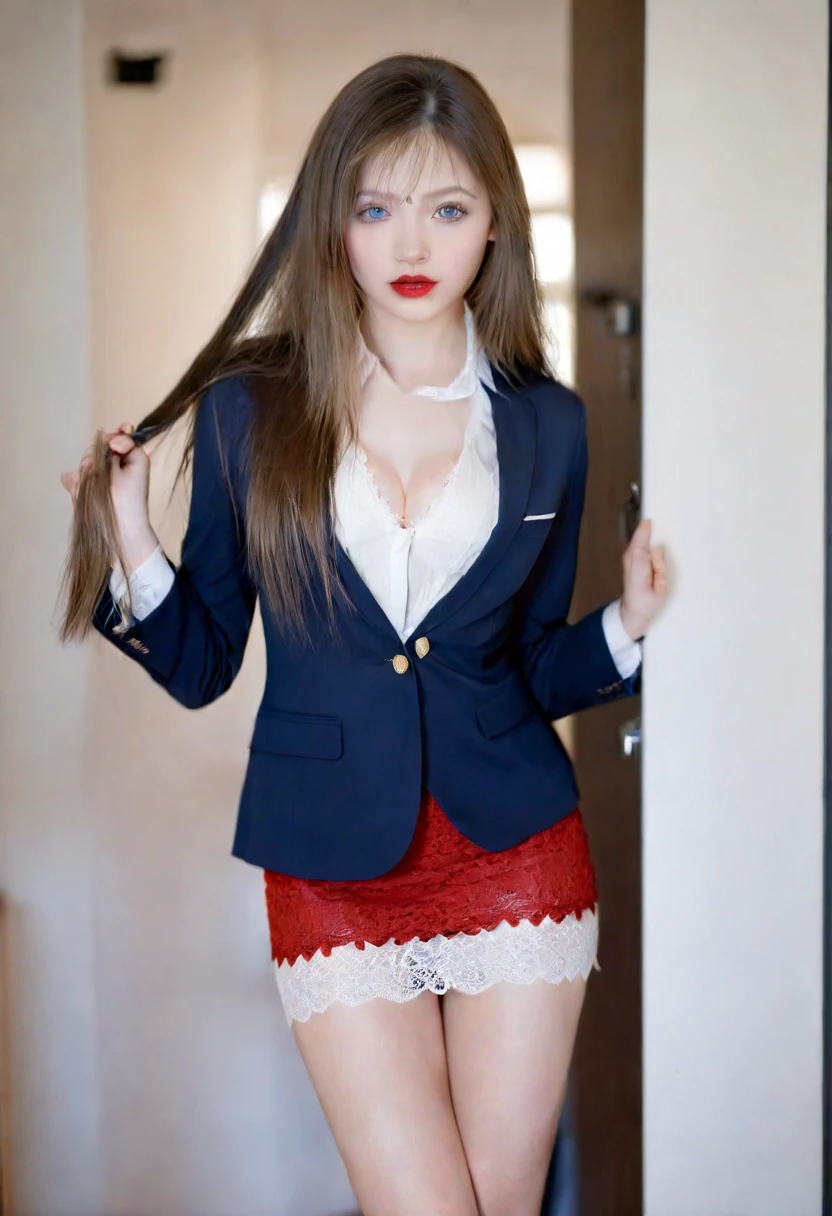Gorgeus Girl, Beautiful, Baby Face, 20 Years Old, White Skin, red lips, brown hair, Sexy Pose, Blue Eye, Bokeh, In front of the office door Background, Masterpiece, Fullbody Shot, black business suits with miniskirt, open red lace bra, White Loose Halfway Dres