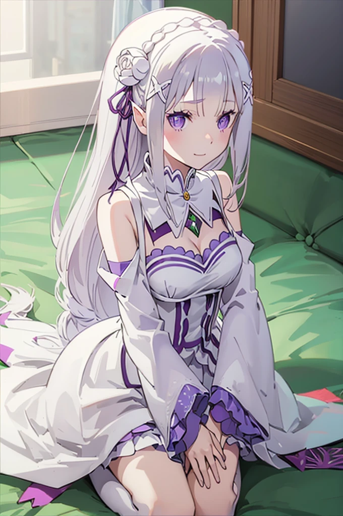 emilia, 
Rezero emilia, 
1girl, 
best illustration, masterpiece, best quality, high resolution, (official art:0.7), 
perfect anatomy, nice hands, perfect hands, BREAK long hair, low-tied long hair, braid, crown braid,
white hair, 
(purple eyes:1.2), (beautiful detailed eyes:1.6),
looking at viewer, 
pointy ears,
BREAK smile, 
dress, pink dress, BREAK bare shoulders, detached collar, long sleeves, shoulder cutout, wide sleeves, white sleeves, 
medium breasts, 
zettai ryouiki, 
flower, hair flower, hair ornament, hair ribbon,   white flower, x hair ornament,
cowboy shot ,
Kneeling pose,
shoot from above, 
perfect lighting,
background of indoor,
