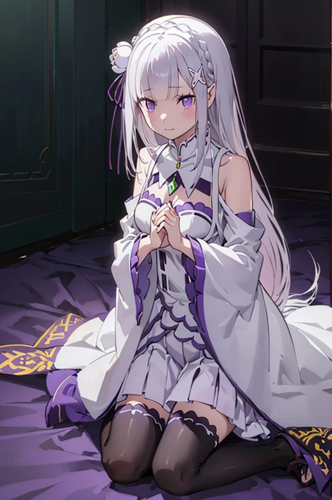 emilia, 
Rezero emilia, 
1girl, 
best illustration, masterpiece, best quality, high resolution, (official art:0.7), 
perfect anatomy, nice hands, perfect hands, BREAK long hair, low-tied long hair, braid, crown braid,
white hair, 
(purple eyes:1.2), (beautiful detailed eyes:1.6),
looking at viewer, 
pointy ears,
BREAK smile, 
dress, pink dress, BREAK bare shoulders, detached collar, long sleeves, shoulder cutout, wide sleeves, white sleeves, 
medium breasts, 
zettai ryouiki, 
flower, hair flower, hair ornament, hair ribbon,   white flower, x hair ornament,
cowboy shot ,
Kneeling pose,
shoot from above, 
perfect lighting,
background of indoor,
